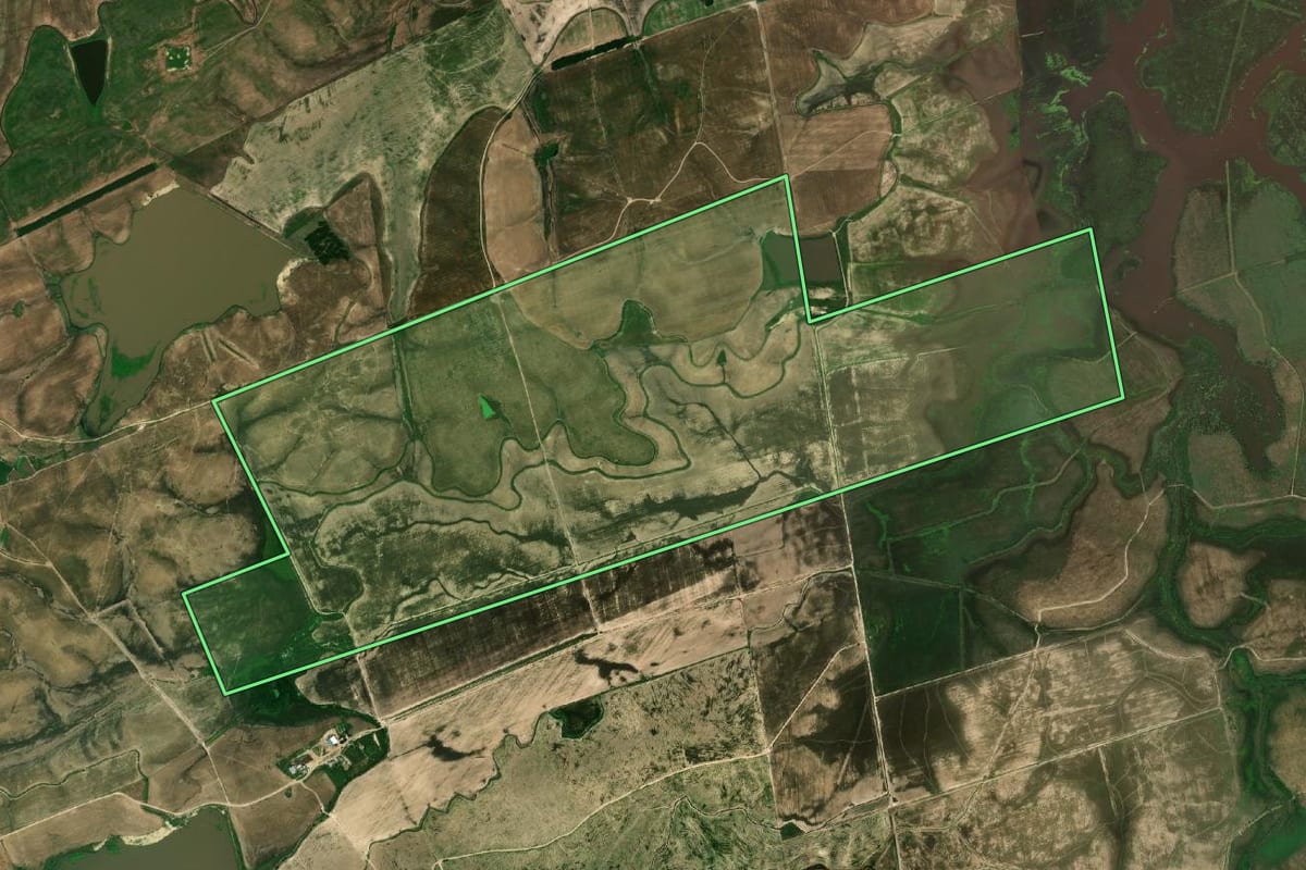 Imagem de satélite do imóvel rural em Dom Pedrito (RS), com o contorno declarado no CAR desenhado por cima.