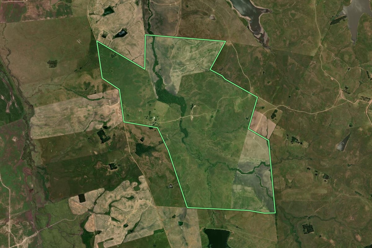 Imagem de satélite do imóvel rural em Dom Pedrito (RS), com o contorno declarado no CAR desenhado por cima.