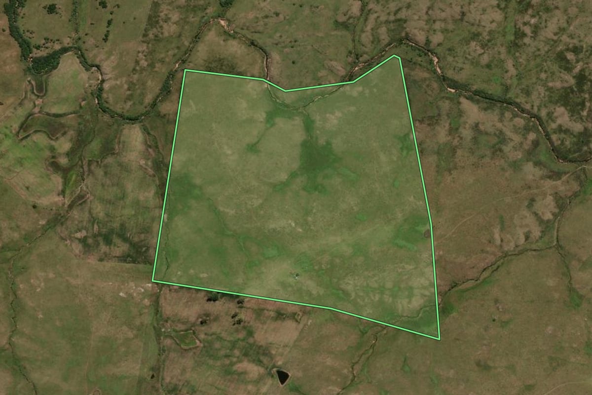 Imagem de satélite do imóvel rural em Dom Pedrito (RS), com o contorno declarado no CAR desenhado por cima.