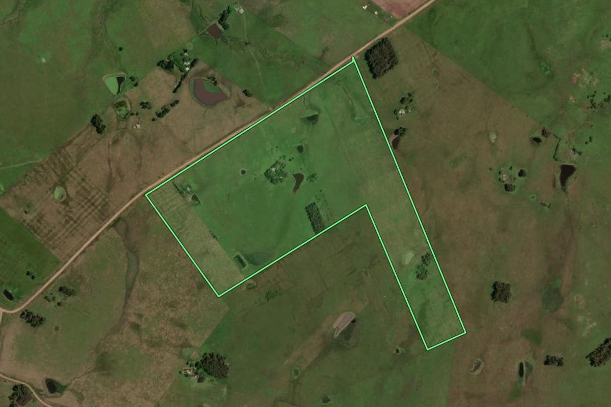 Imagem de satélite do imóvel rural em Dom Pedrito (RS), com o contorno declarado no CAR desenhado por cima.