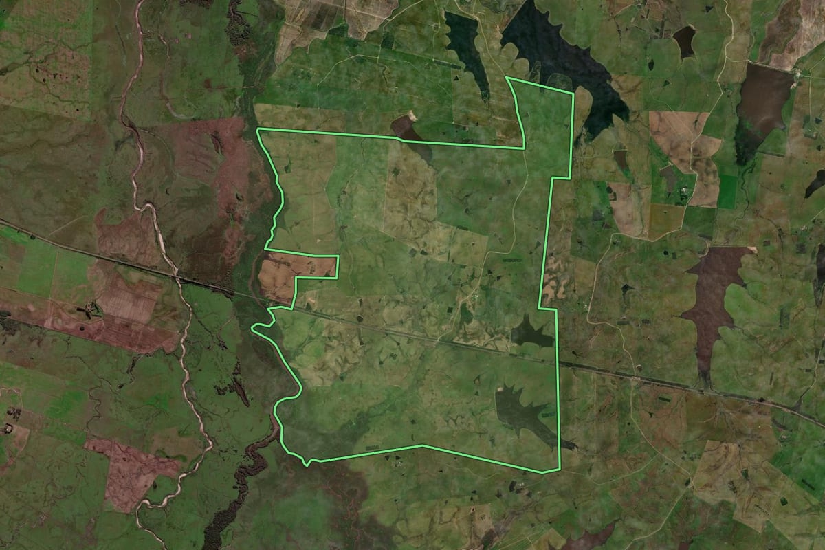 Imagem de satélite do imóvel rural em Dom Pedrito (RS), com o contorno declarado no CAR desenhado por cima.