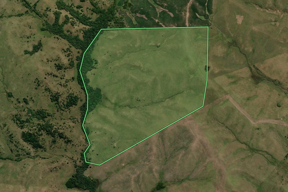 Imagem de satélite do imóvel rural em Dom Pedrito (RS), com o contorno declarado no CAR desenhado por cima.