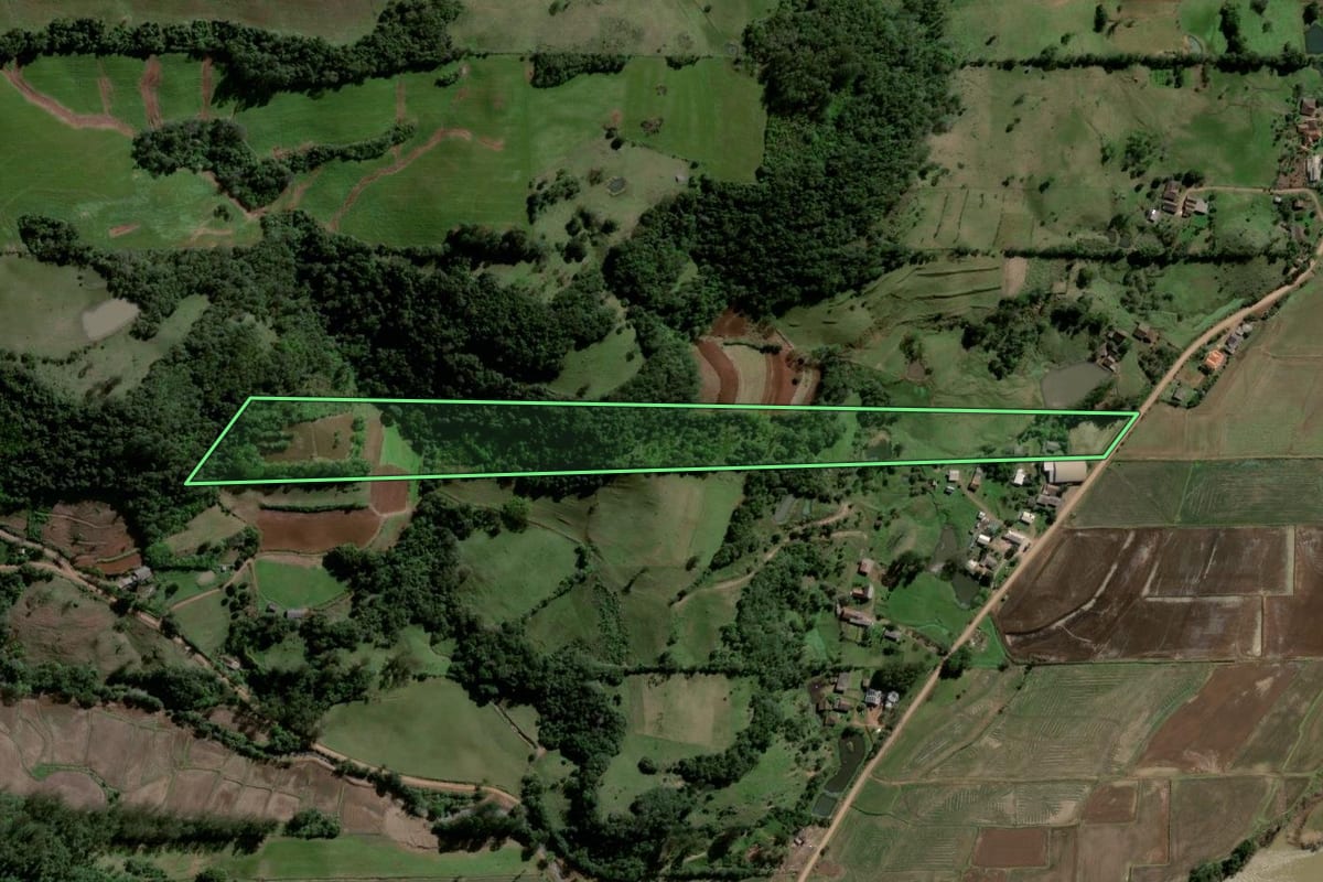 Imagem de satélite do imóvel rural em Dona Francisca (RS), com o contorno declarado no CAR desenhado por cima.
