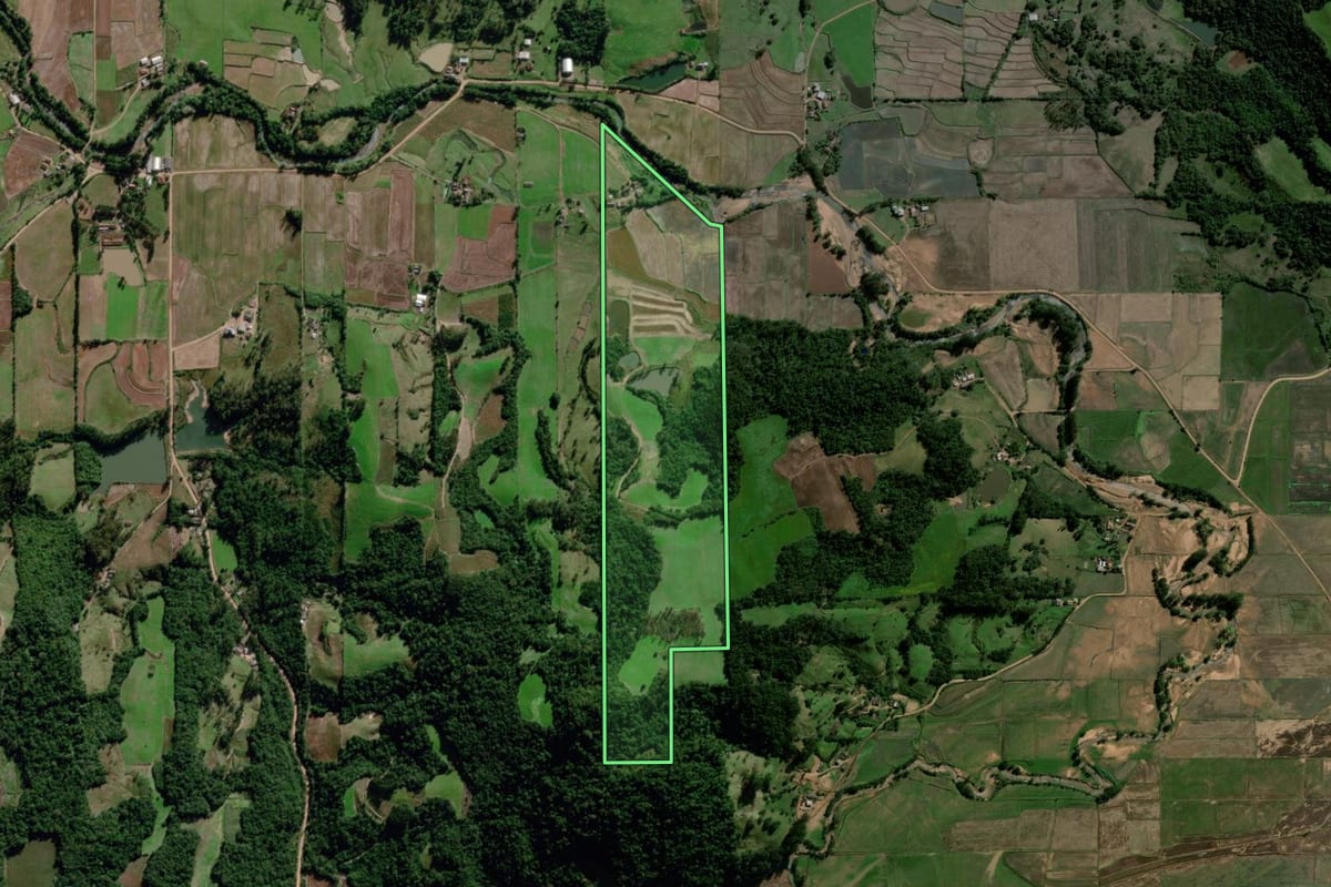 Imagem de satélite do imóvel rural em Dona Francisca (RS), com o contorno declarado no CAR desenhado por cima.