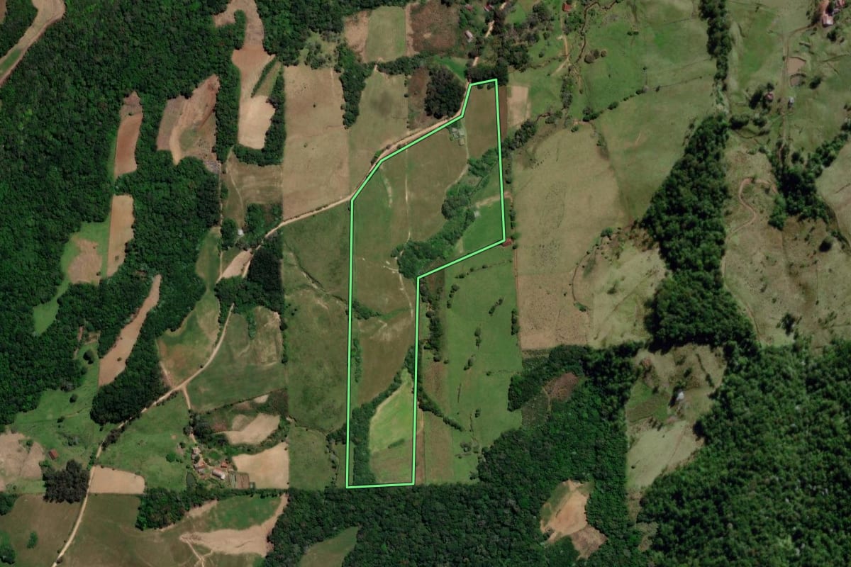 Imagem de satélite do imóvel rural em Dona Francisca (RS), com o contorno declarado no CAR desenhado por cima.