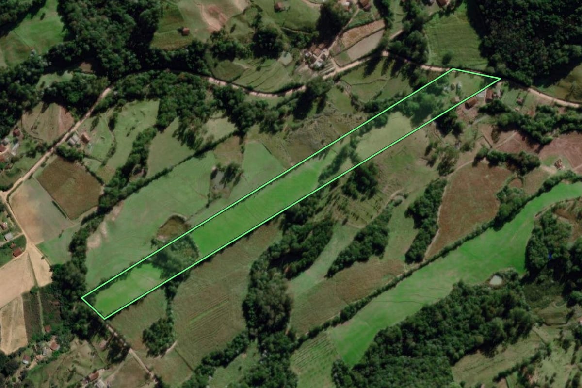 Imagem de satélite do imóvel rural em Dona Francisca (RS), com o contorno declarado no CAR desenhado por cima.