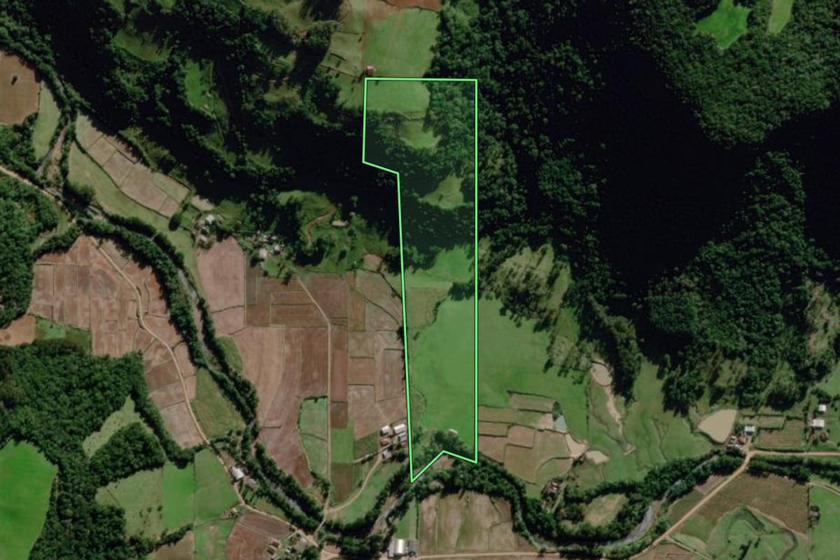 Imagem de satélite do imóvel rural em Dona Francisca (RS), com o contorno declarado no CAR desenhado por cima.