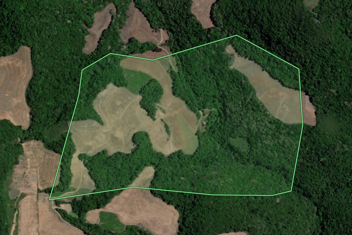 Imagem de satélite do imóvel rural em Dona Francisca (RS), com o contorno declarado no CAR desenhado por cima.