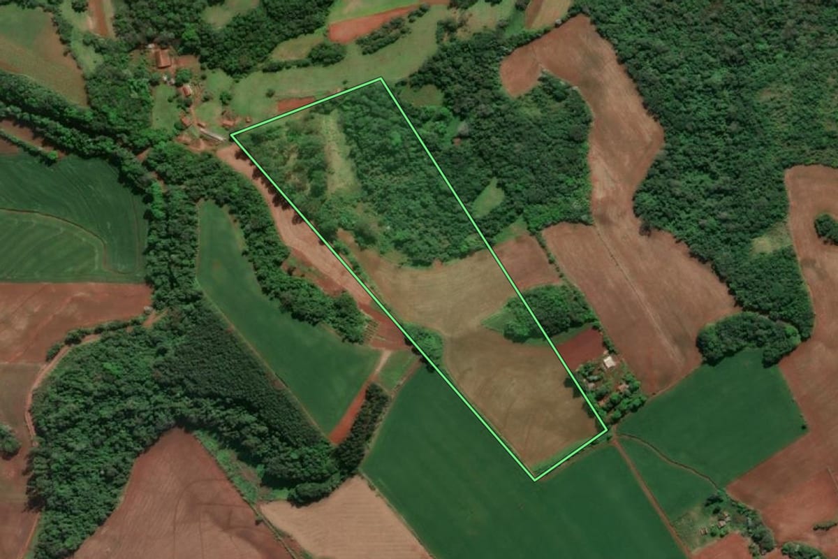 Imagem de satélite do imóvel rural em Doutor Maurício Cardoso (RS), com o contorno declarado no CAR desenhado por cima.