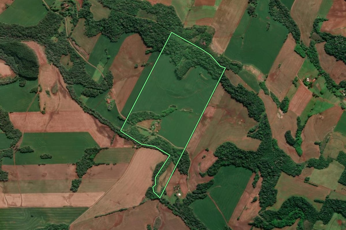 Imagem de satélite do imóvel rural em Doutor Maurício Cardoso (RS), com o contorno declarado no CAR desenhado por cima.