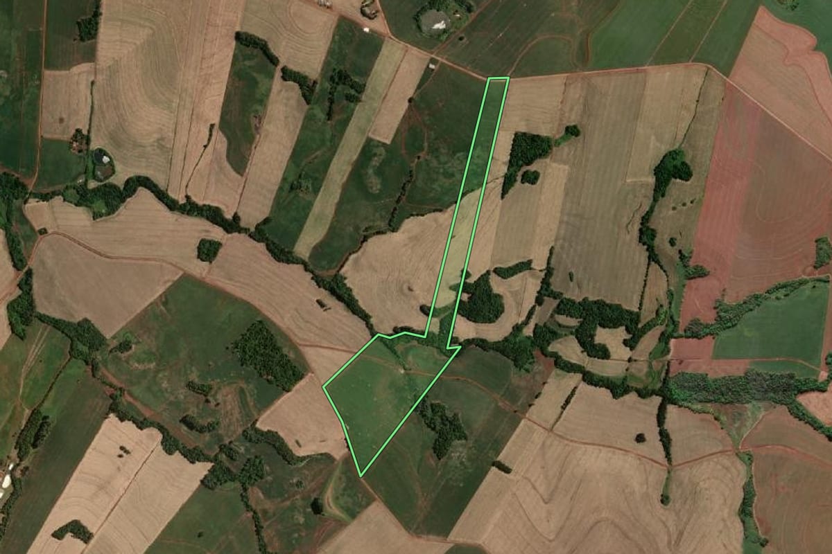Imagem de satélite do imóvel rural em Doutor Maurício Cardoso (RS), com o contorno declarado no CAR desenhado por cima.