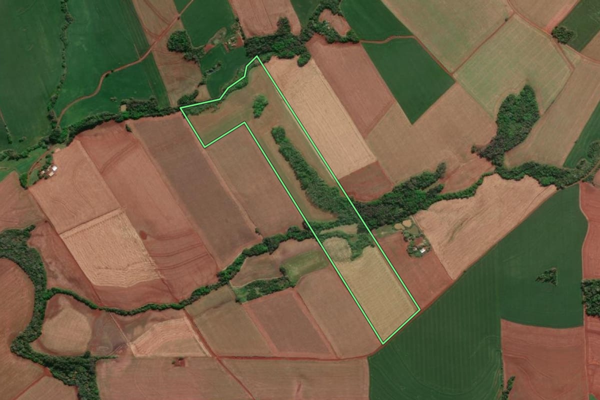 Imagem de satélite do imóvel rural em Doutor Maurício Cardoso (RS), com o contorno declarado no CAR desenhado por cima.