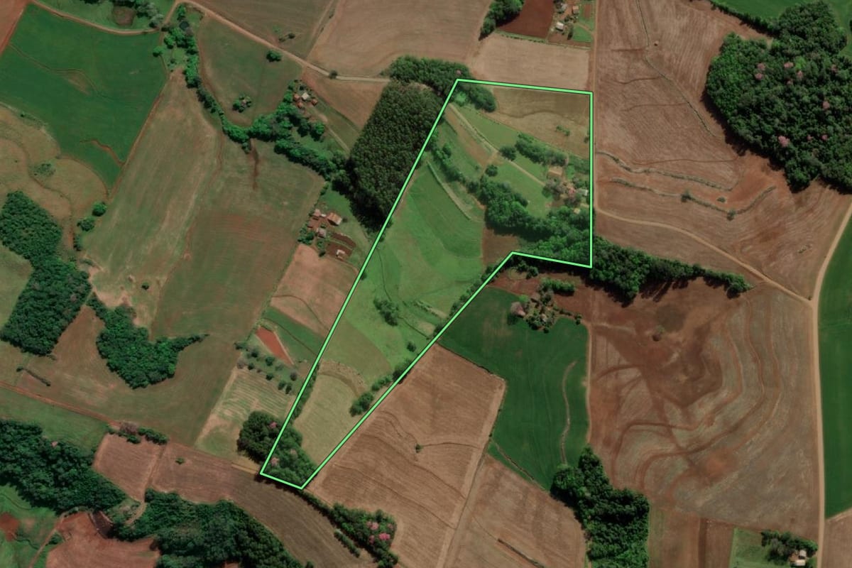 Imagem de satélite do imóvel rural em Doutor Maurício Cardoso (RS), com o contorno declarado no CAR desenhado por cima.