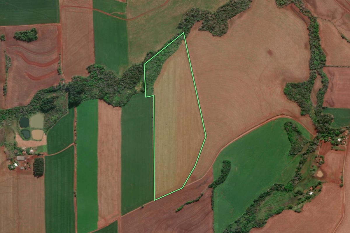 Imagem de satélite do imóvel rural em Doutor Maurício Cardoso (RS), com o contorno declarado no CAR desenhado por cima.
