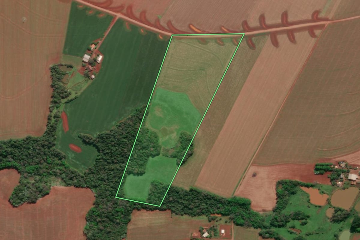 Imagem de satélite do imóvel rural em Doutor Maurício Cardoso (RS), com o contorno declarado no CAR desenhado por cima.