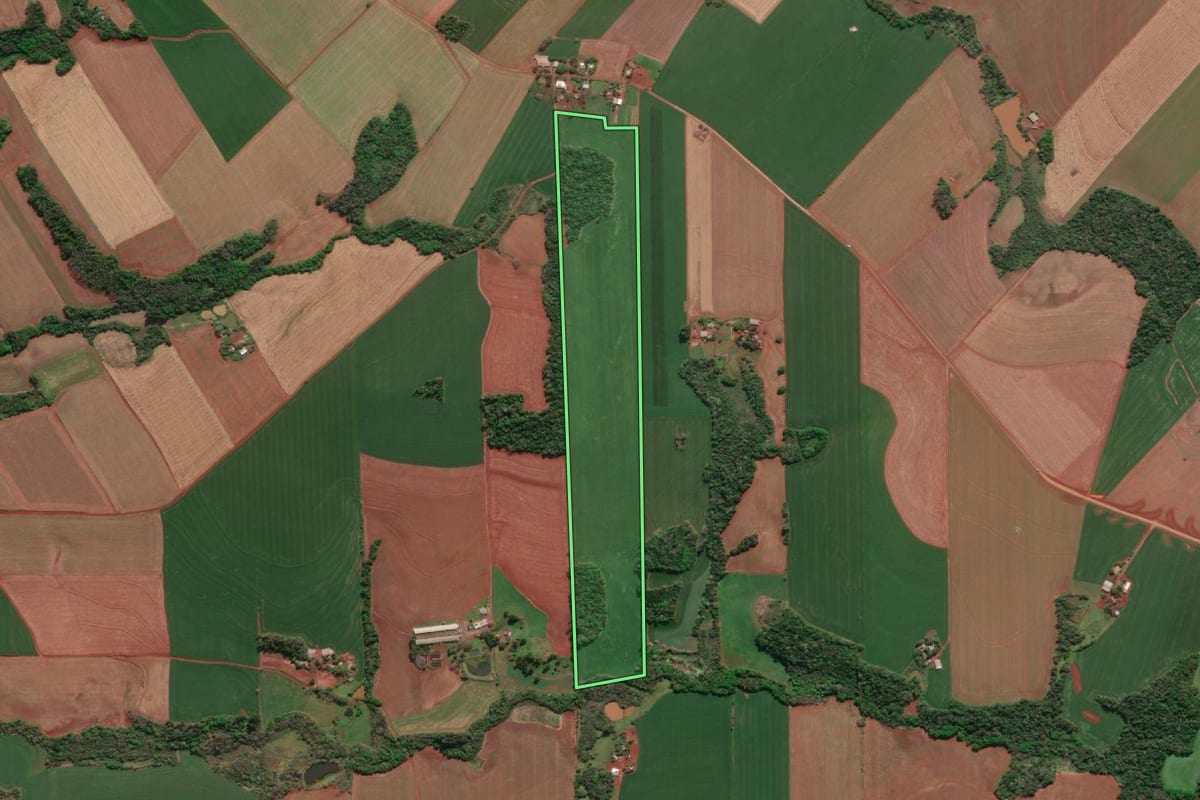Imagem de satélite do imóvel rural em Doutor Maurício Cardoso (RS), com o contorno declarado no CAR desenhado por cima.