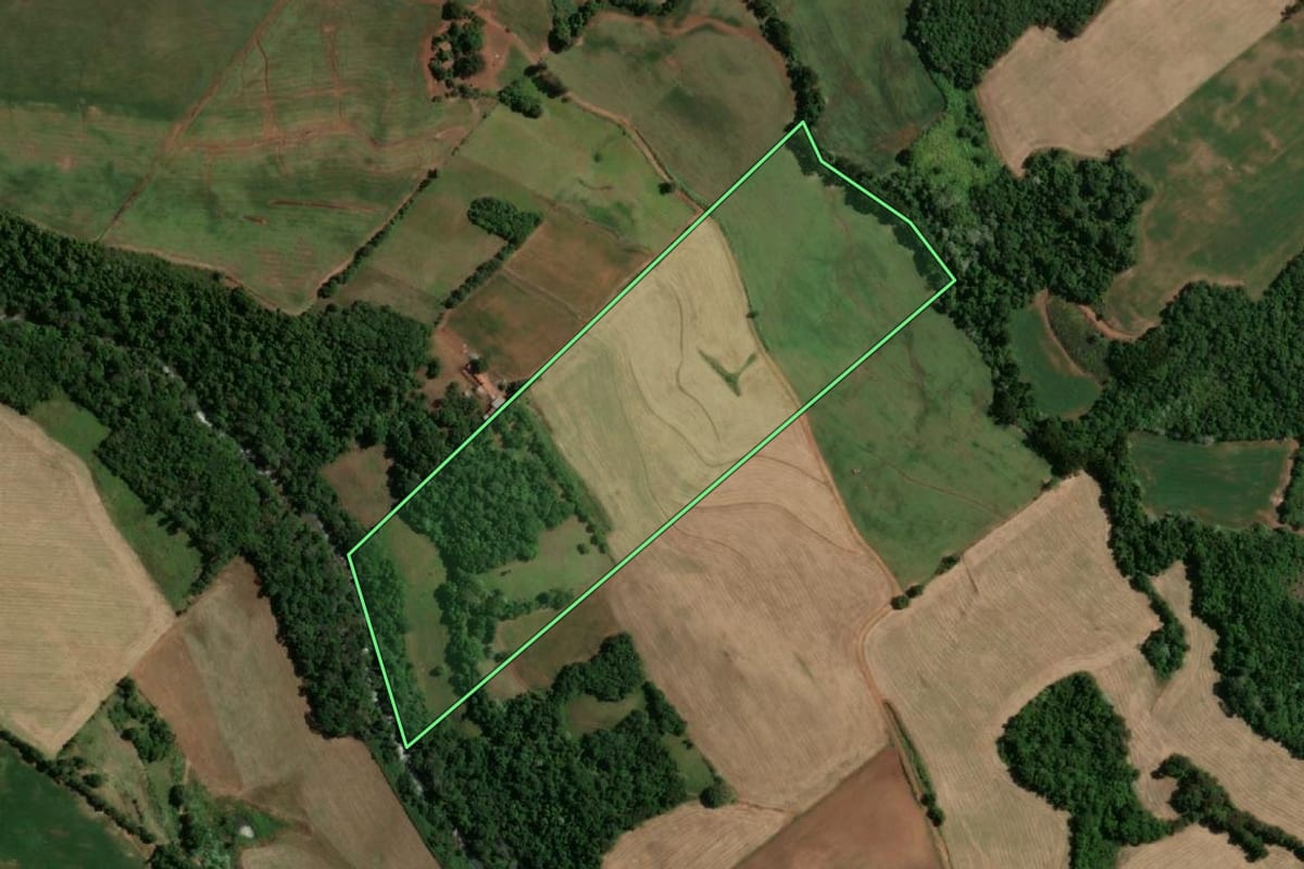 Imagem de satélite do imóvel rural em Doutor Maurício Cardoso (RS), com o contorno declarado no CAR desenhado por cima.
