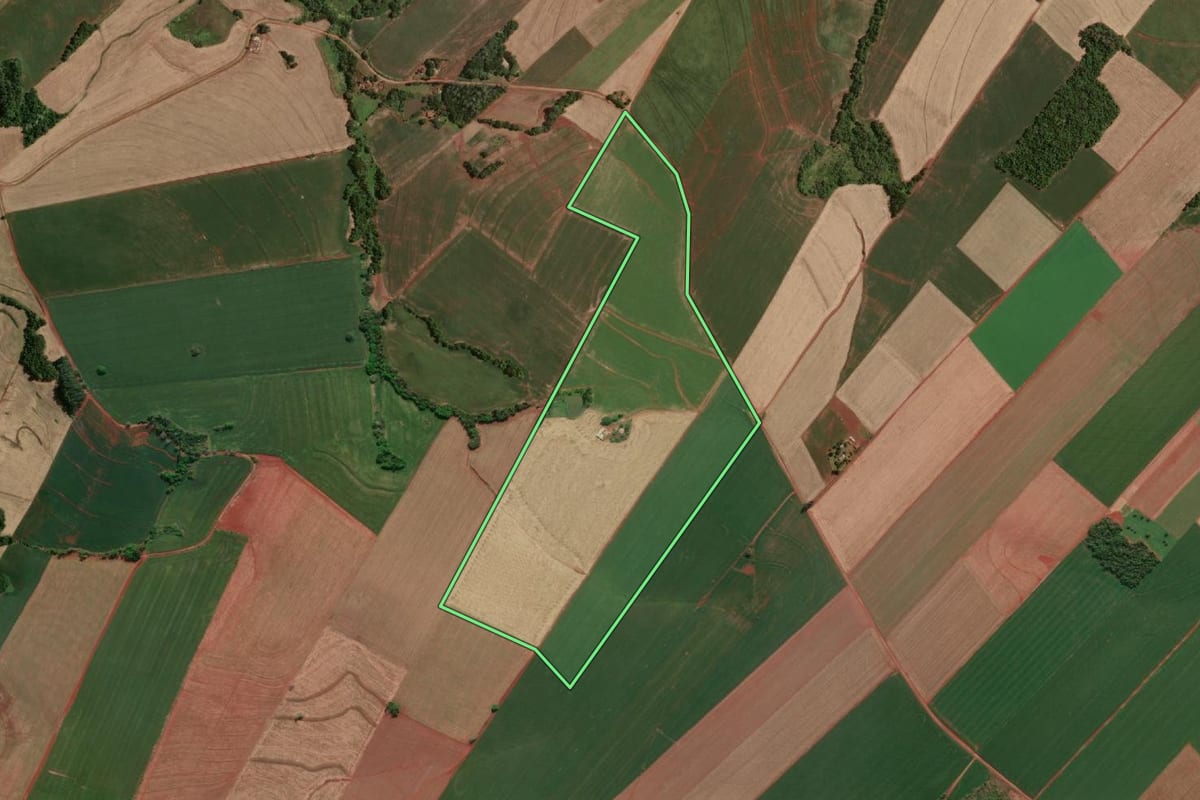 Imagem de satélite do imóvel rural em Doutor Maurício Cardoso (RS), com o contorno declarado no CAR desenhado por cima.
