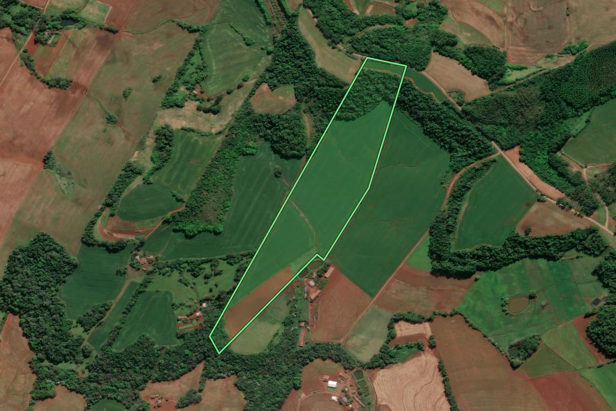 Imagem de satélite do imóvel rural em Doutor Maurício Cardoso (RS), com o contorno declarado no CAR desenhado por cima.