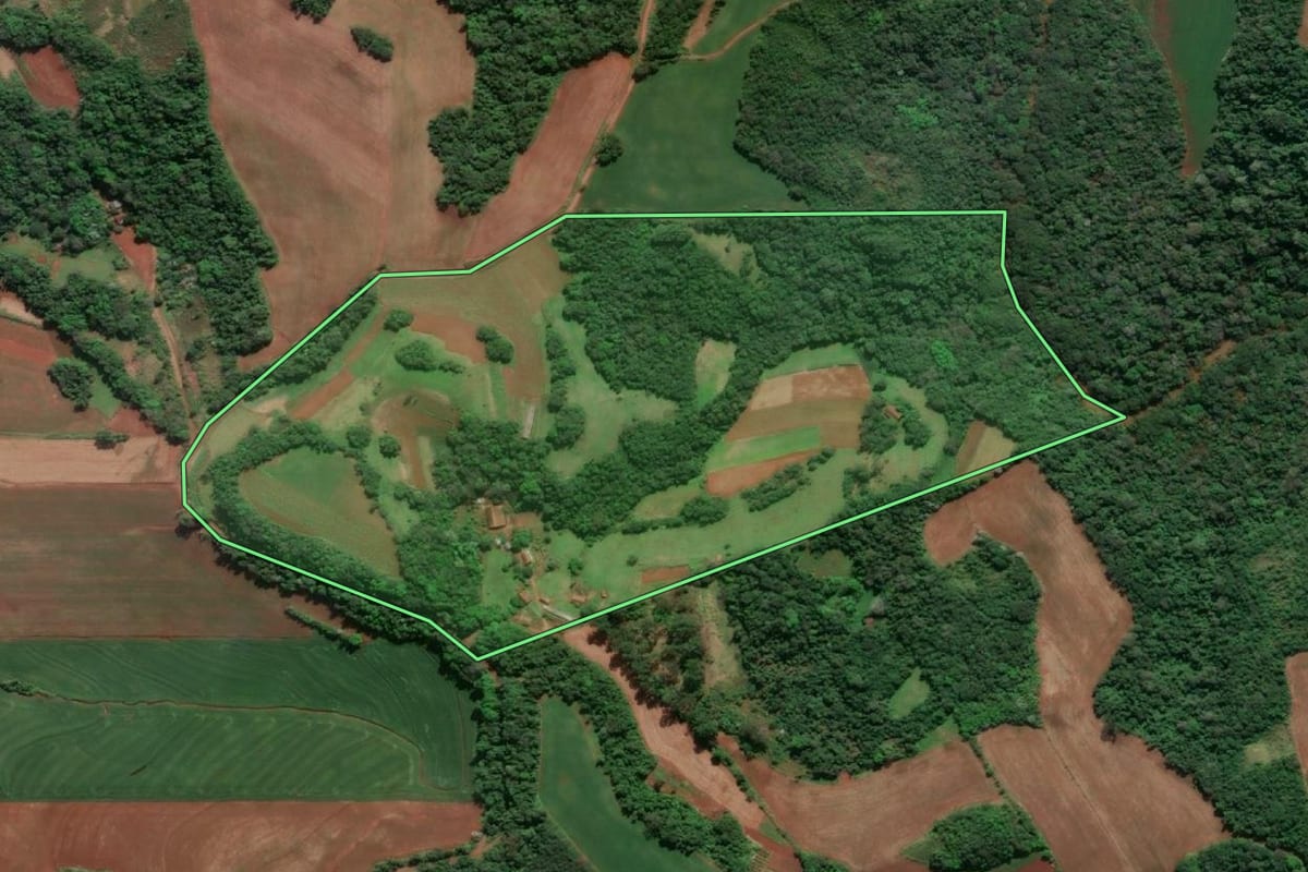Imagem de satélite do imóvel rural em Doutor Maurício Cardoso (RS), com o contorno declarado no CAR desenhado por cima.
