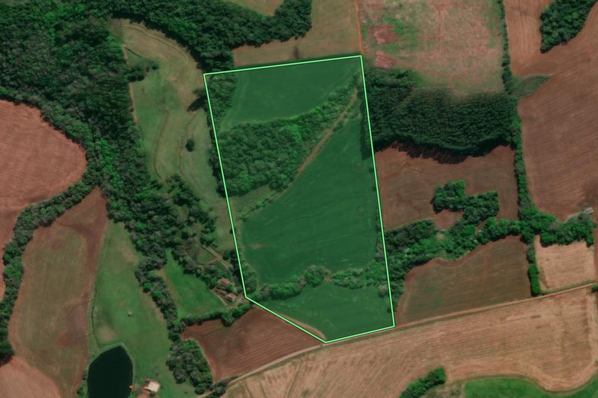 Imagem de satélite do imóvel rural em Doutor Maurício Cardoso (RS), com o contorno declarado no CAR desenhado por cima.