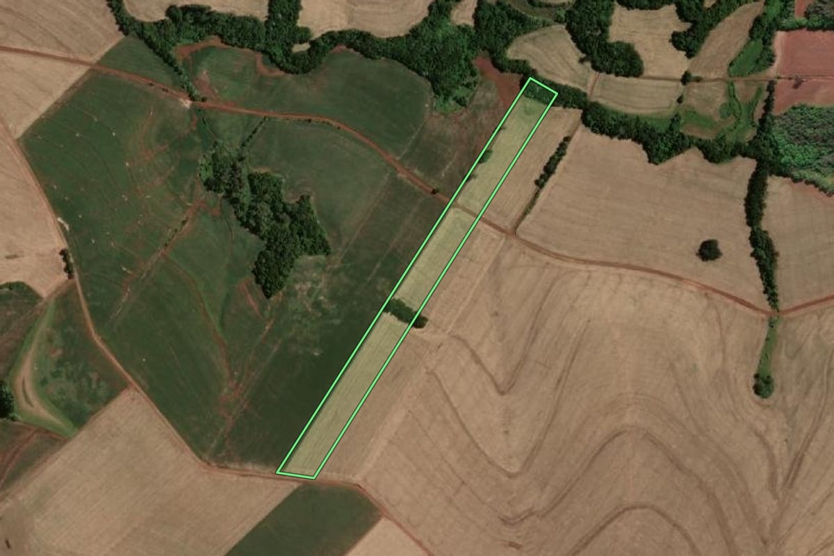 Imagem de satélite do imóvel rural em Doutor Maurício Cardoso (RS), com o contorno declarado no CAR desenhado por cima.