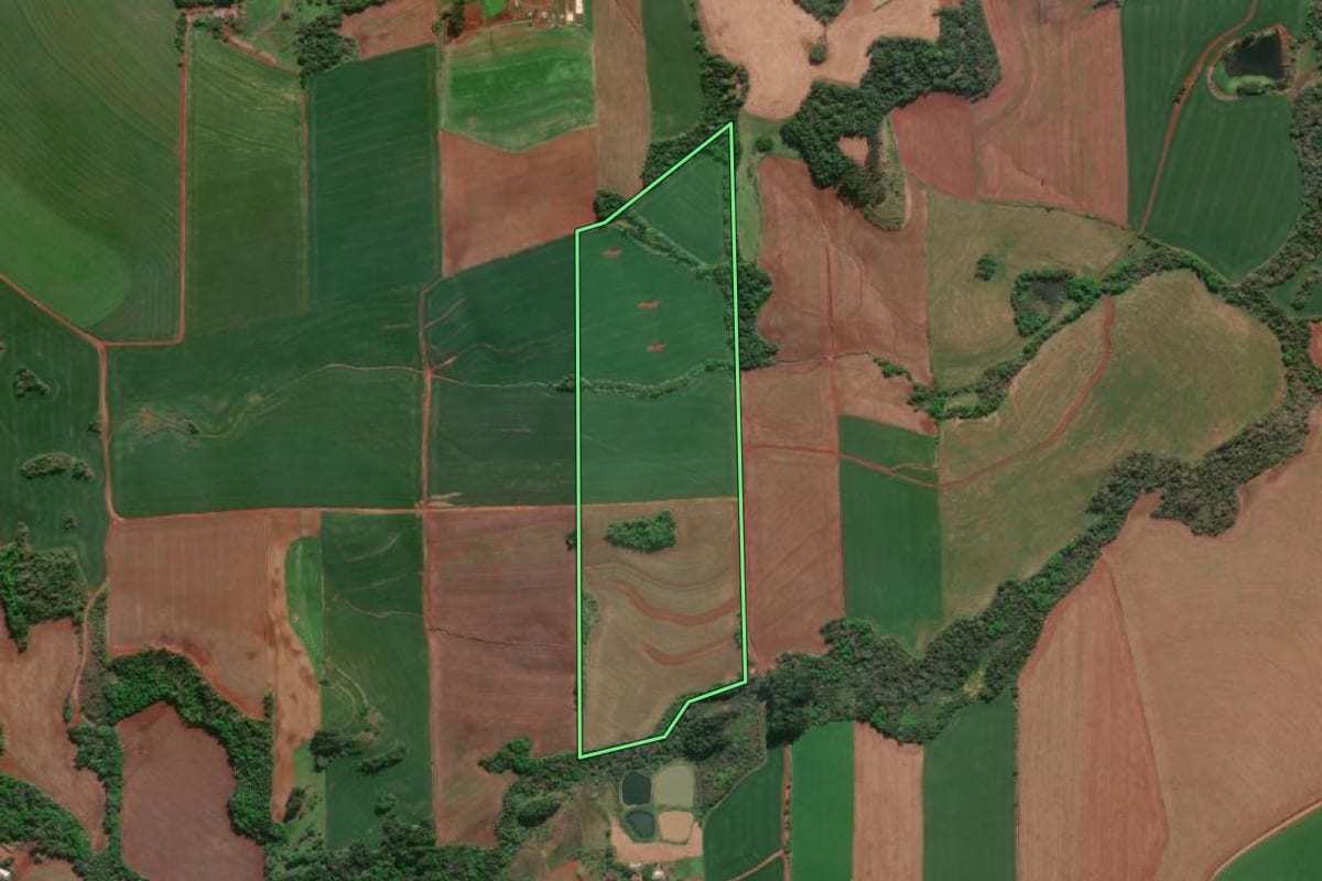 Imagem de satélite do imóvel rural em Doutor Maurício Cardoso (RS), com o contorno declarado no CAR desenhado por cima.