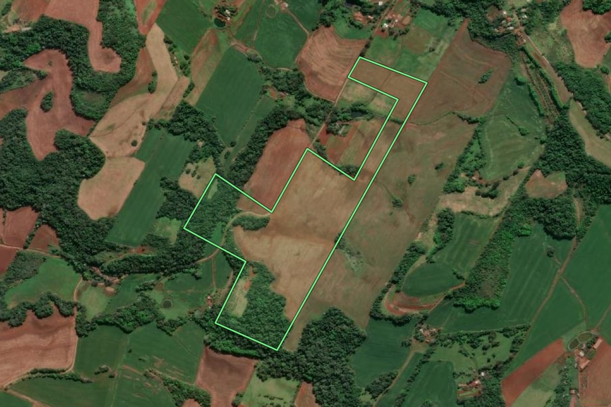 Imagem de satélite do imóvel rural em Doutor Maurício Cardoso (RS), com o contorno declarado no CAR desenhado por cima.