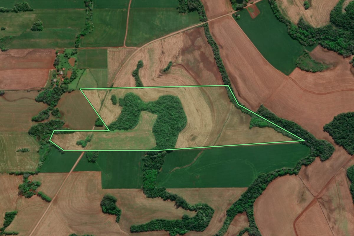 Imagem de satélite do imóvel rural em Doutor Maurício Cardoso (RS), com o contorno declarado no CAR desenhado por cima.