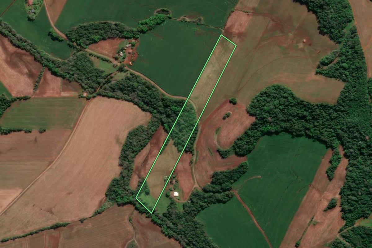 Imagem de satélite do imóvel rural em Doutor Maurício Cardoso (RS), com o contorno declarado no CAR desenhado por cima.
