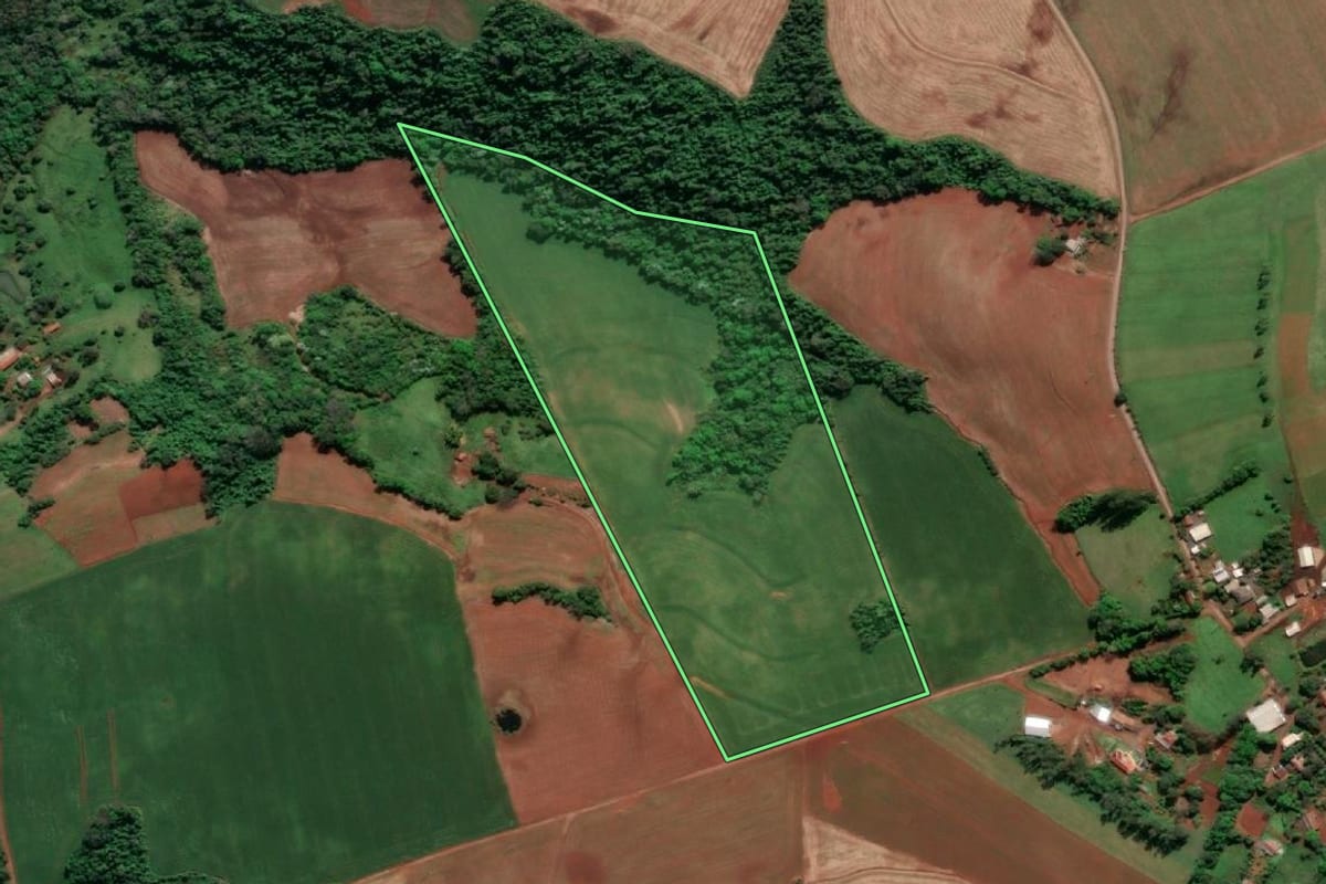 Imagem de satélite do imóvel rural em Doutor Maurício Cardoso (RS), com o contorno declarado no CAR desenhado por cima.