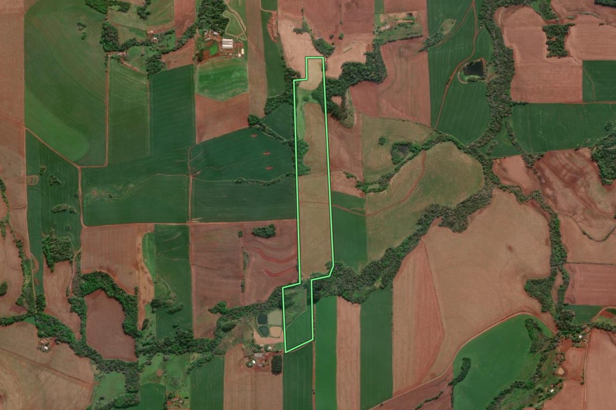 Imagem de satélite do imóvel rural em Doutor Maurício Cardoso (RS), com o contorno declarado no CAR desenhado por cima.
