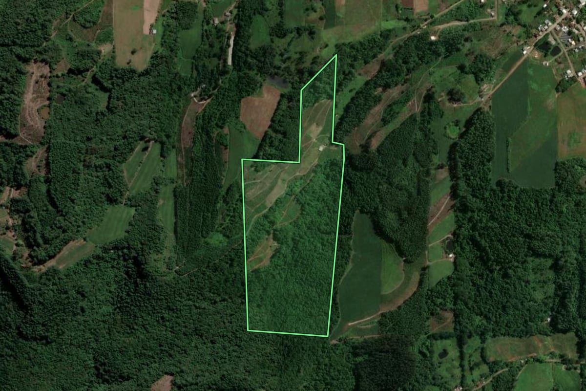 Imagem de satélite do imóvel rural em Doutor Ricardo (RS), com o contorno declarado no CAR desenhado por cima.
