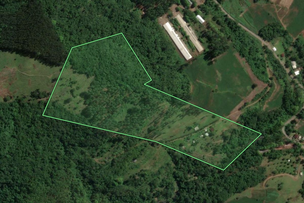 Imagem de satélite do imóvel rural em Encantado (RS), com o contorno declarado no CAR desenhado por cima.
