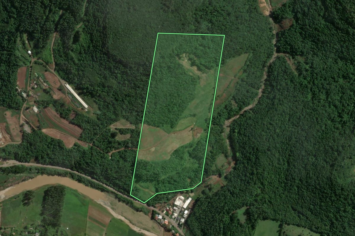 Imagem de satélite do imóvel rural em Encantado (RS), com o contorno declarado no CAR desenhado por cima.