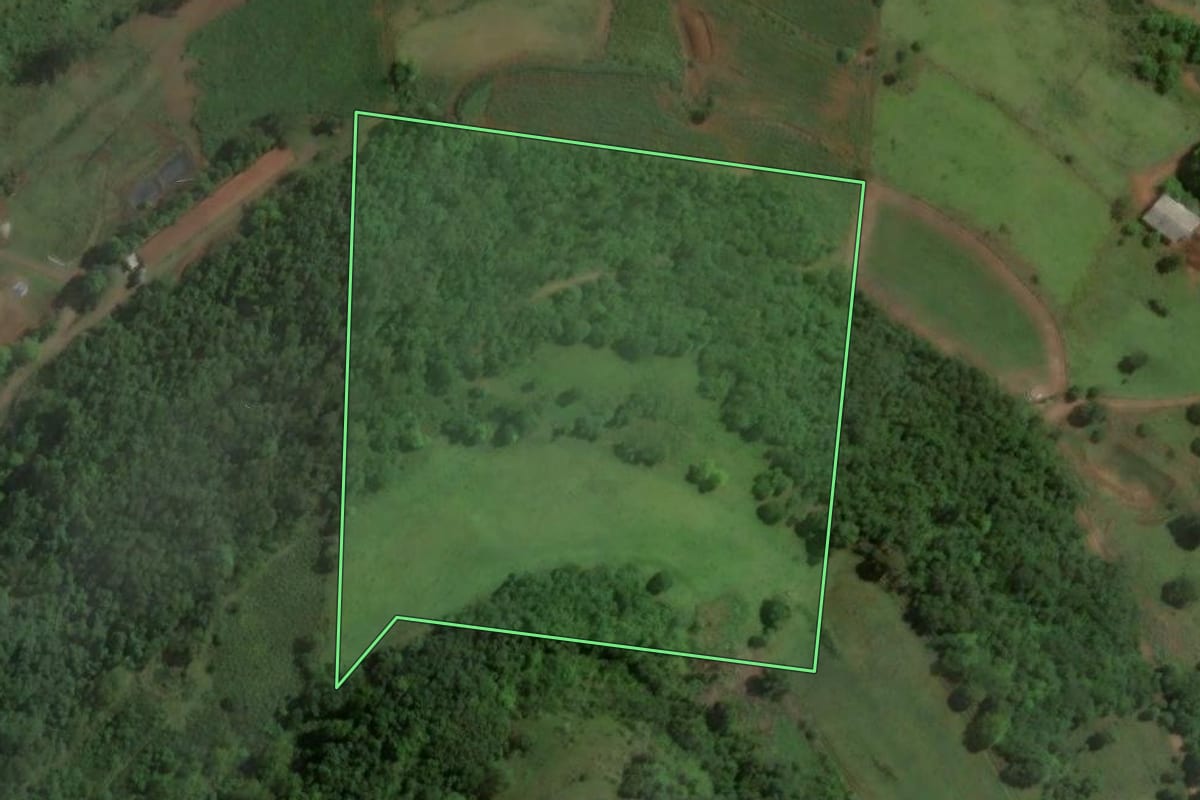 Imagem de satélite do imóvel rural em Encantado (RS), com o contorno declarado no CAR desenhado por cima.