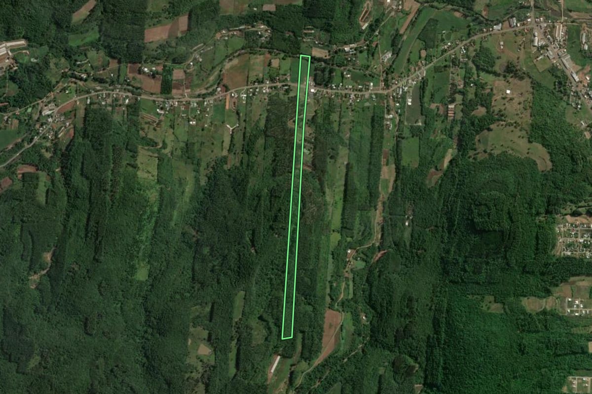 Imagem de satélite do imóvel rural em Encantado (RS), com o contorno declarado no CAR desenhado por cima.