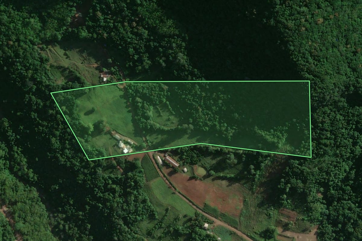 Imagem de satélite do imóvel rural em Encantado (RS), com o contorno declarado no CAR desenhado por cima.