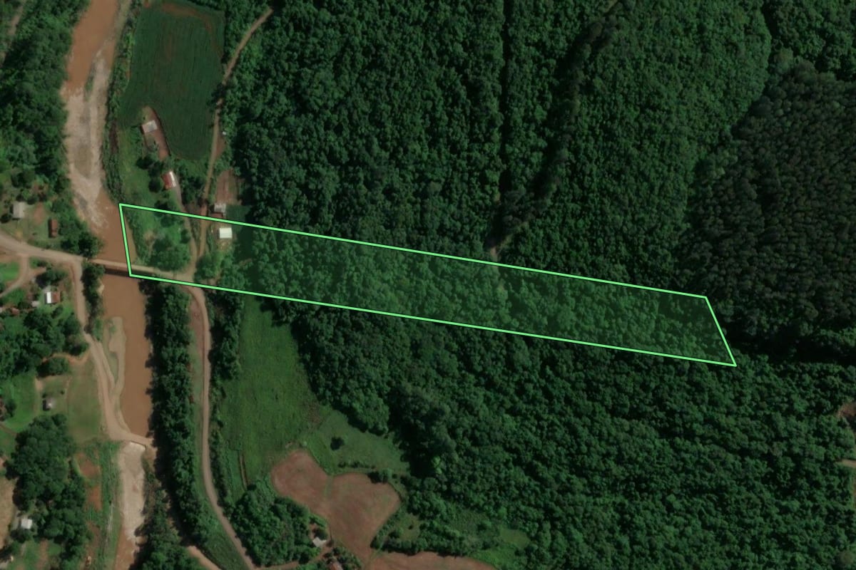 Imagem de satélite do imóvel rural em Encantado (RS), com o contorno declarado no CAR desenhado por cima.