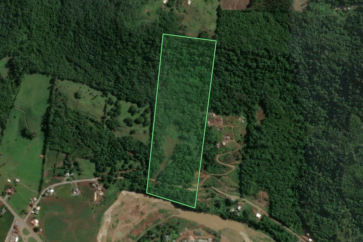 Imagem de satélite do imóvel rural em Encantado (RS), com o contorno declarado no CAR desenhado por cima.