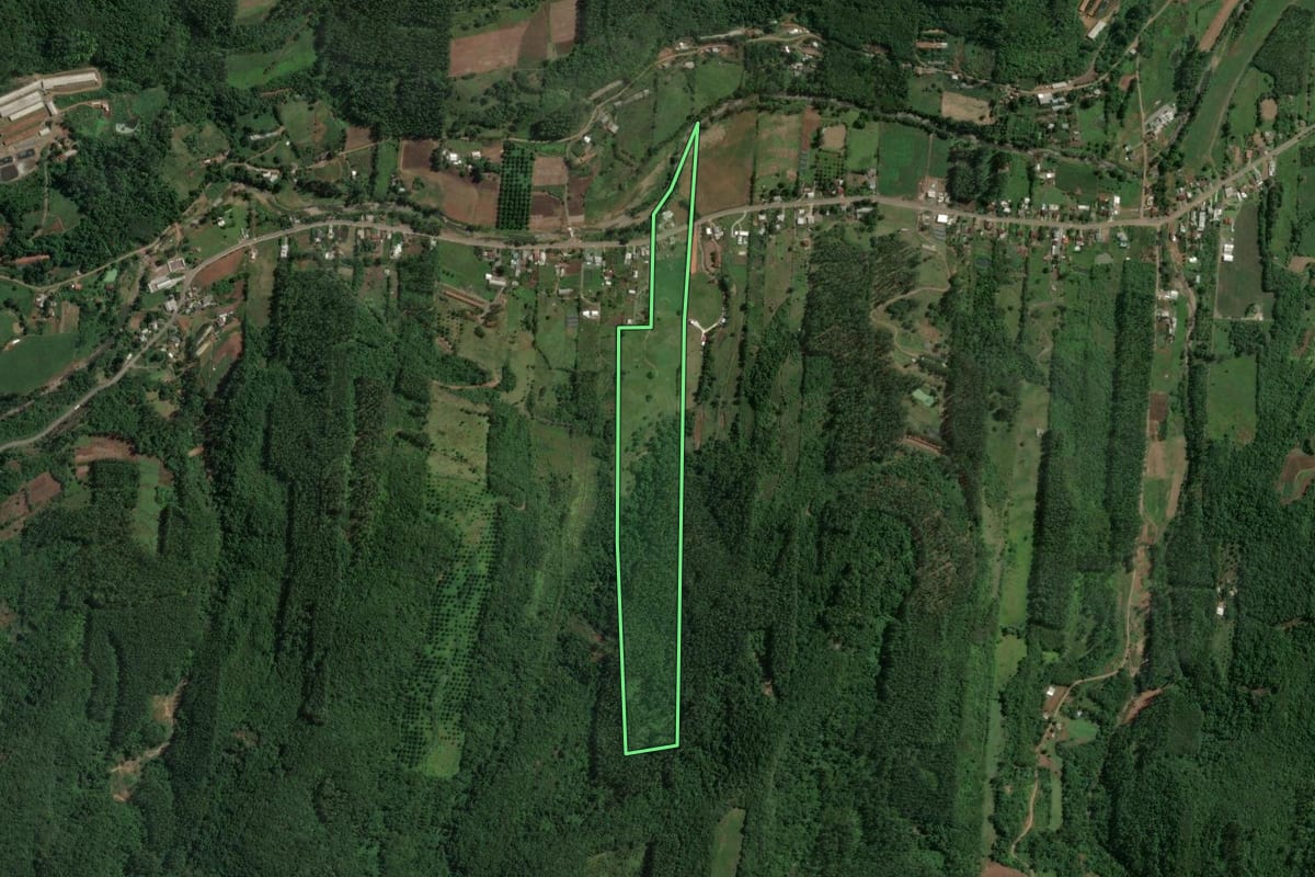 Imagem de satélite do imóvel rural em Encantado (RS), com o contorno declarado no CAR desenhado por cima.