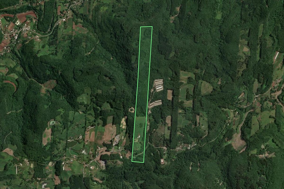 Imagem de satélite do imóvel rural em Encantado (RS), com o contorno declarado no CAR desenhado por cima.
