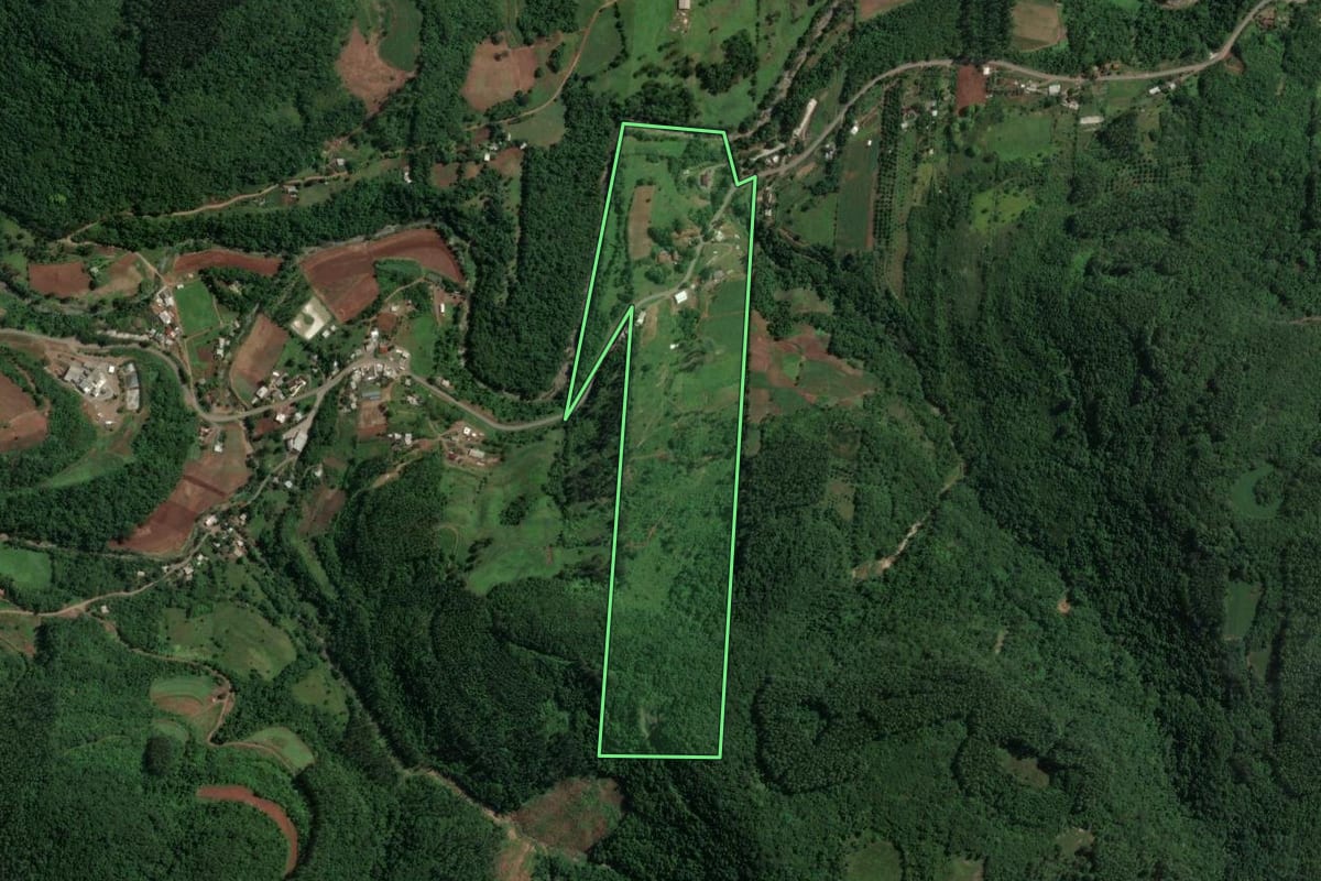 Imagem de satélite do imóvel rural em Encantado (RS), com o contorno declarado no CAR desenhado por cima.