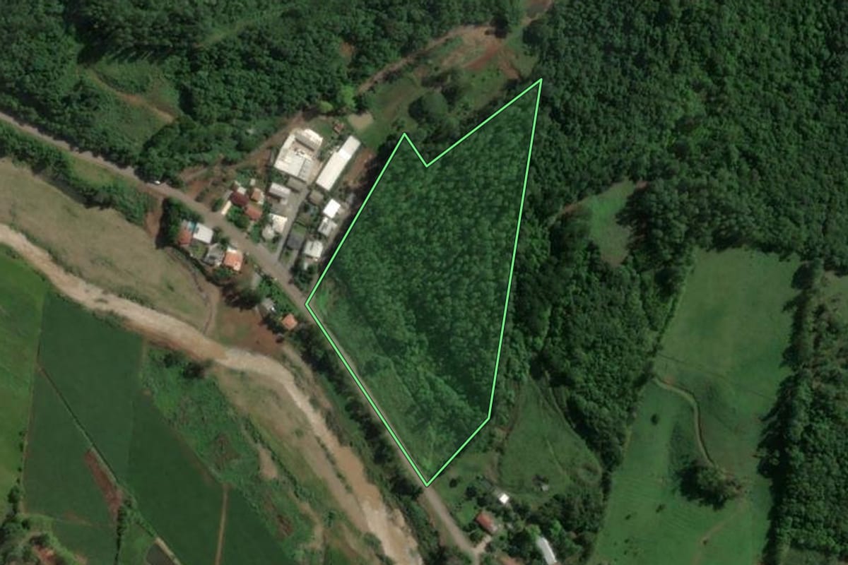 Imagem de satélite do imóvel rural em Encantado (RS), com o contorno declarado no CAR desenhado por cima.