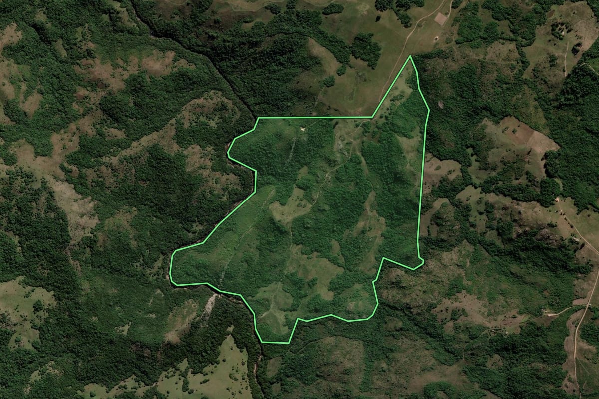 Imagem de satélite do imóvel rural em Encruzilhada do Sul (RS), com o contorno declarado no CAR desenhado por cima.