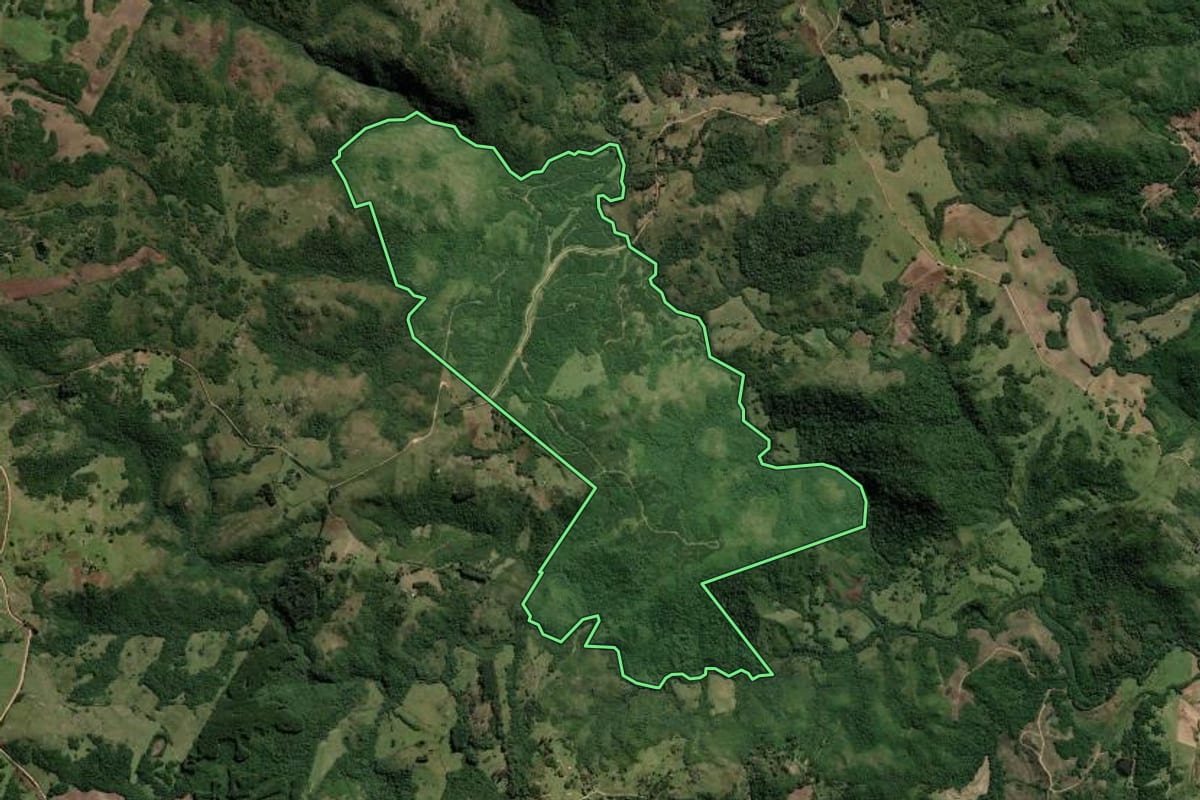 Imagem de satélite do imóvel rural em Encruzilhada do Sul (RS), com o contorno declarado no CAR desenhado por cima.