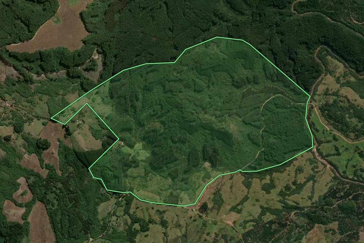 Imagem de satélite do imóvel rural em Encruzilhada do Sul (RS), com o contorno declarado no CAR desenhado por cima.