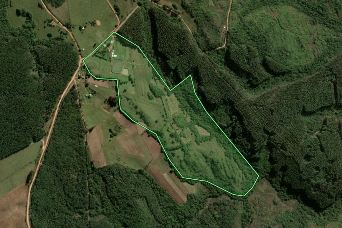 Imagem de satélite do imóvel rural em Encruzilhada do Sul (RS), com o contorno declarado no CAR desenhado por cima.
