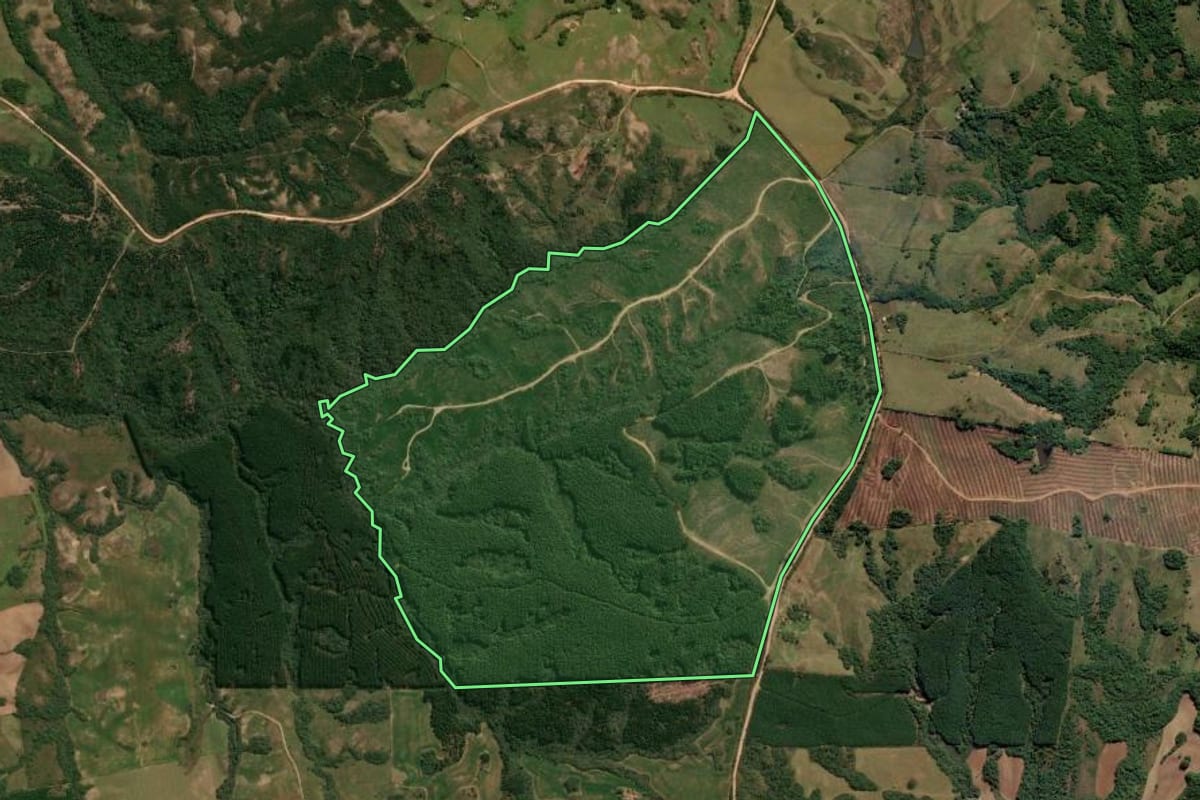 Imagem de satélite do imóvel rural em Encruzilhada do Sul (RS), com o contorno declarado no CAR desenhado por cima.