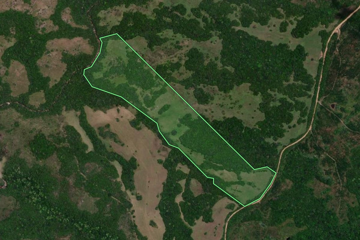 Imagem de satélite do imóvel rural em Encruzilhada do Sul (RS), com o contorno declarado no CAR desenhado por cima.